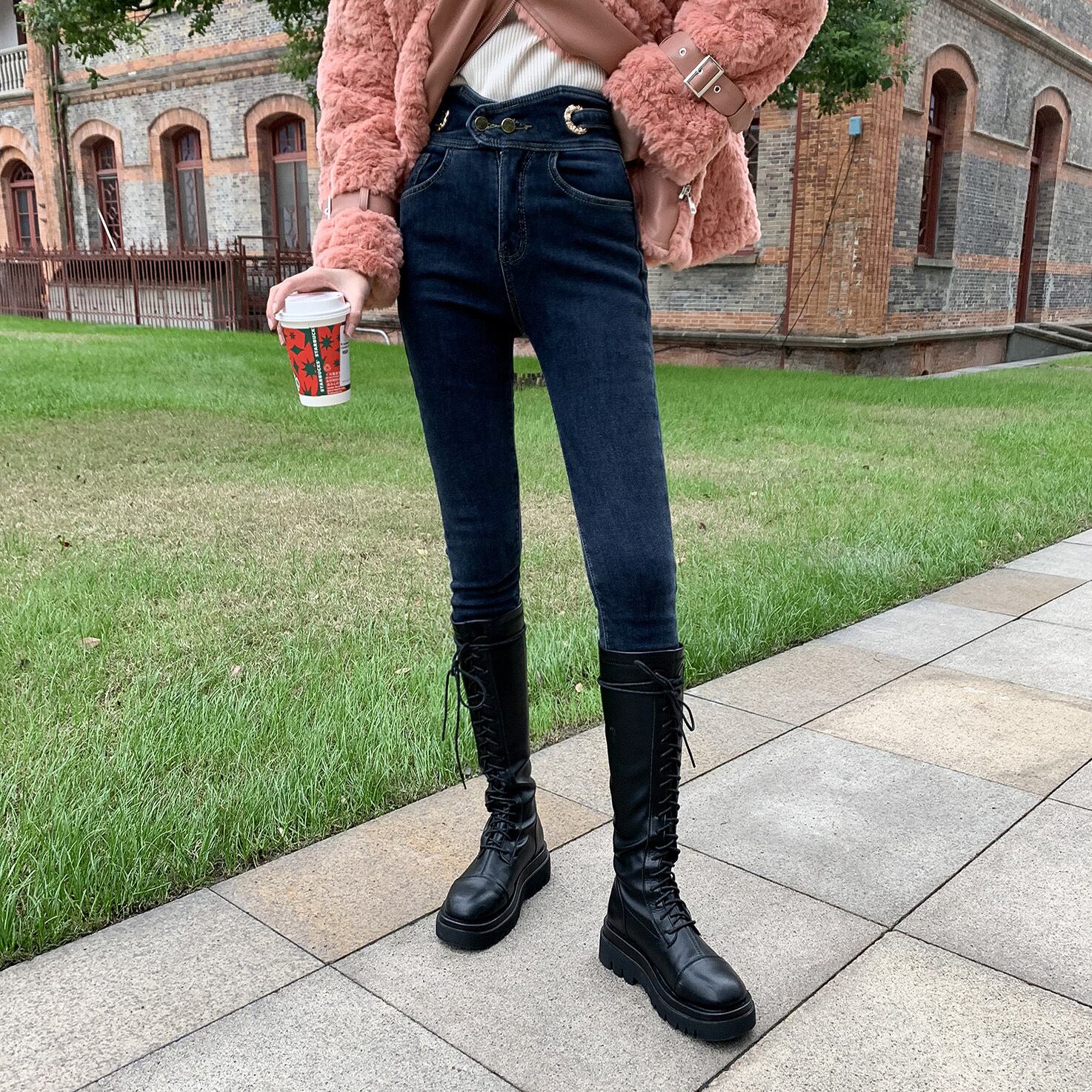 ウィンターハイウェストウェストベルベットジーンズ スリムパンツ 冬物 6Du_Shop_Women89075878916