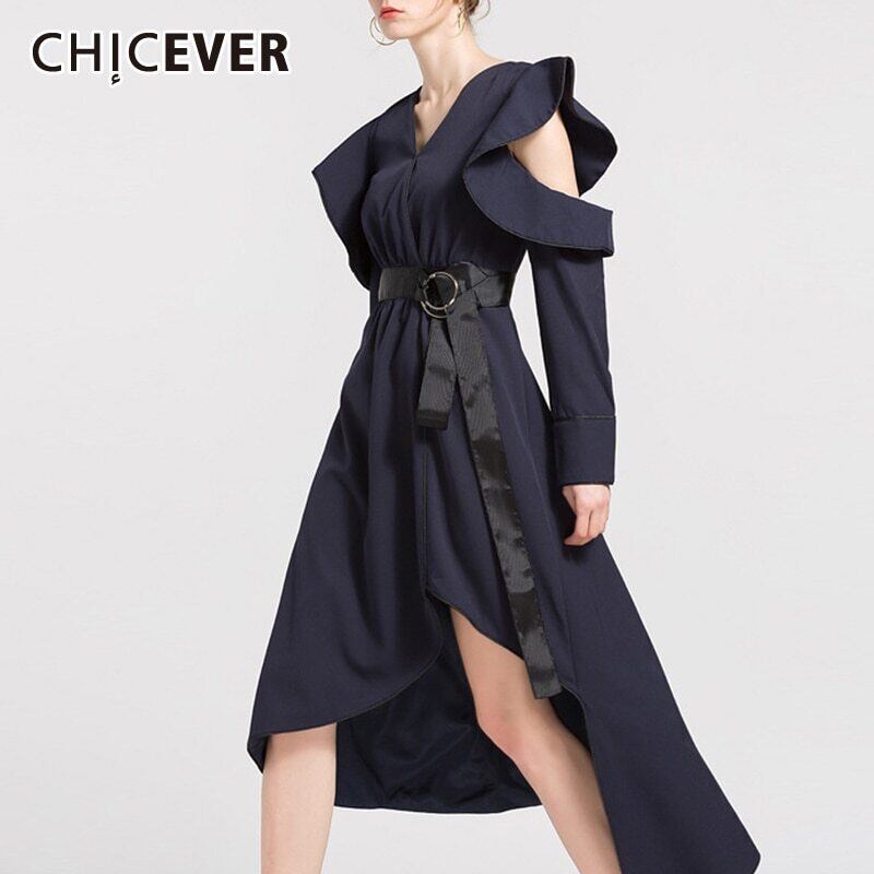 CHICEVERホローアウトドレスレディースVネックバタフライスリーブウエストサッシ付き非対称裾ドレス2020 6base566402362660