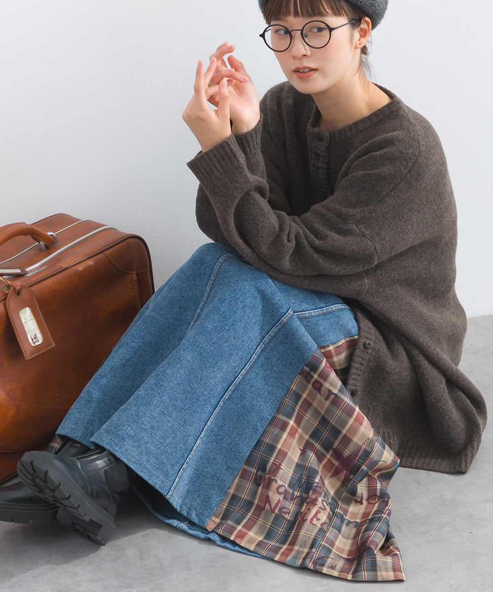 D54044 【体型カバーデニムシリーズ】 デニム×チェック切替スカート