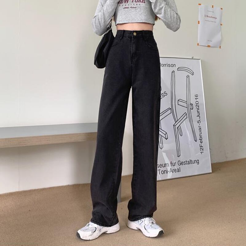 スタンダードブラックジーンズ ルーズスプリング薄手ワイドレッグパンツ ハイウェストウェスト レトロ 春物 ワイドパンツ スーパーモール75863772910