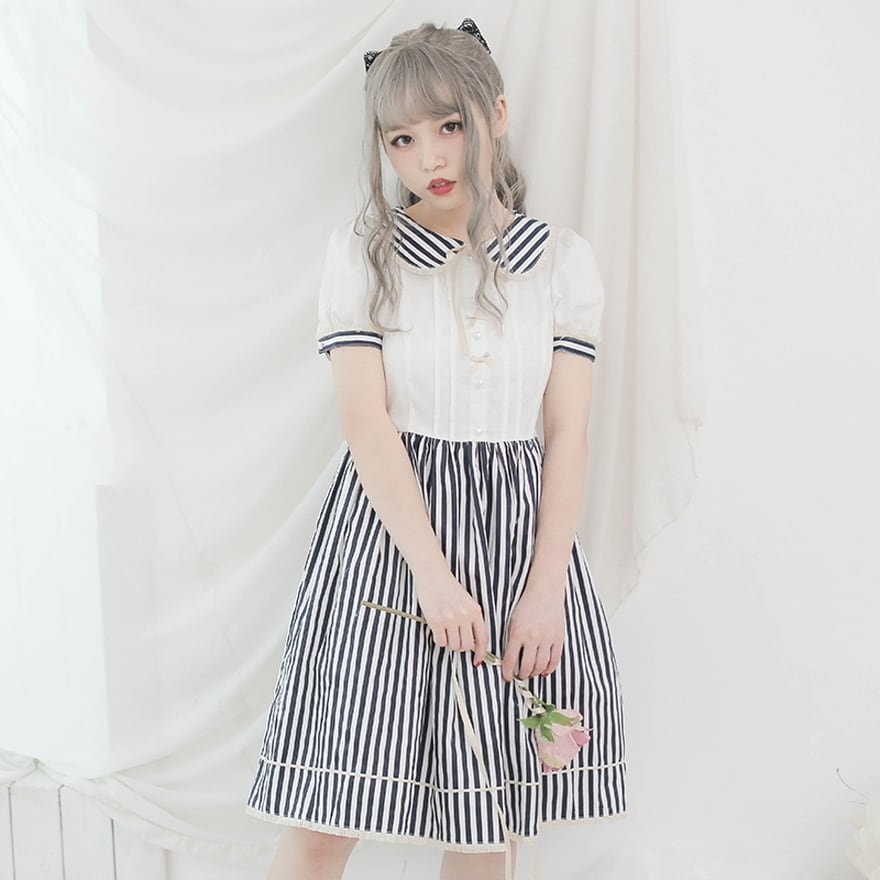 サブカル 服 地雷系 通販 ロリータ 半袖 ワンピース JKファッション ストライプ柄 レトロ ソフトロリータ 普段着使い