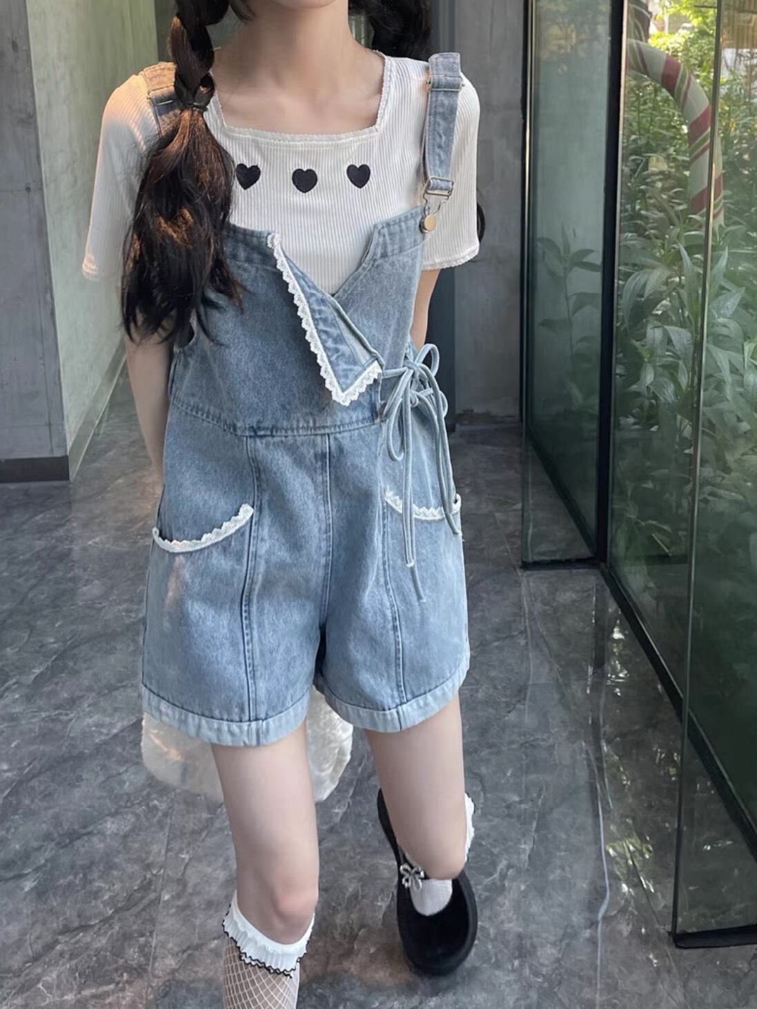 ラブリーリボンサロペットデニムパンツ ５日でお届け Dadagrande