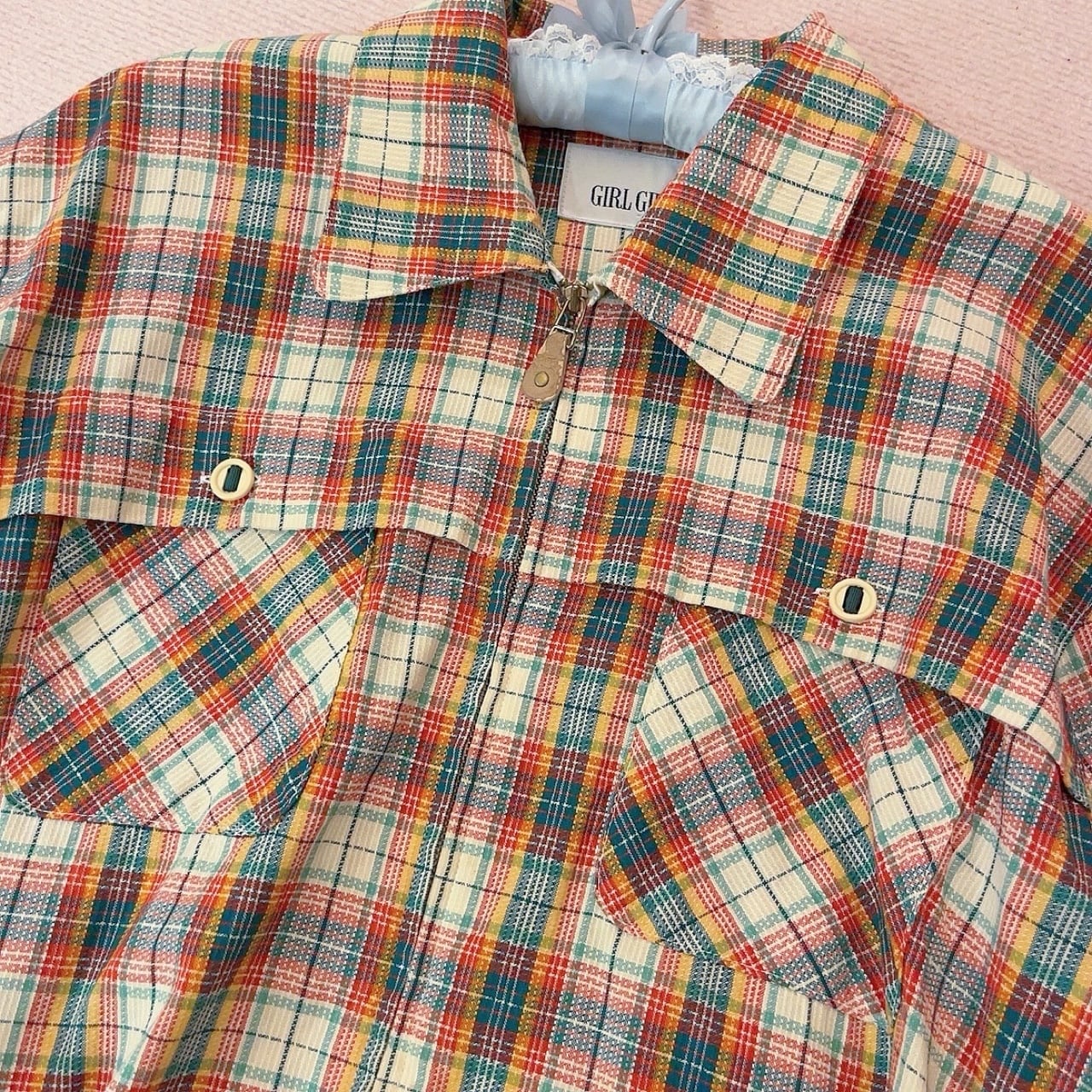 green madras check zip-up shirt