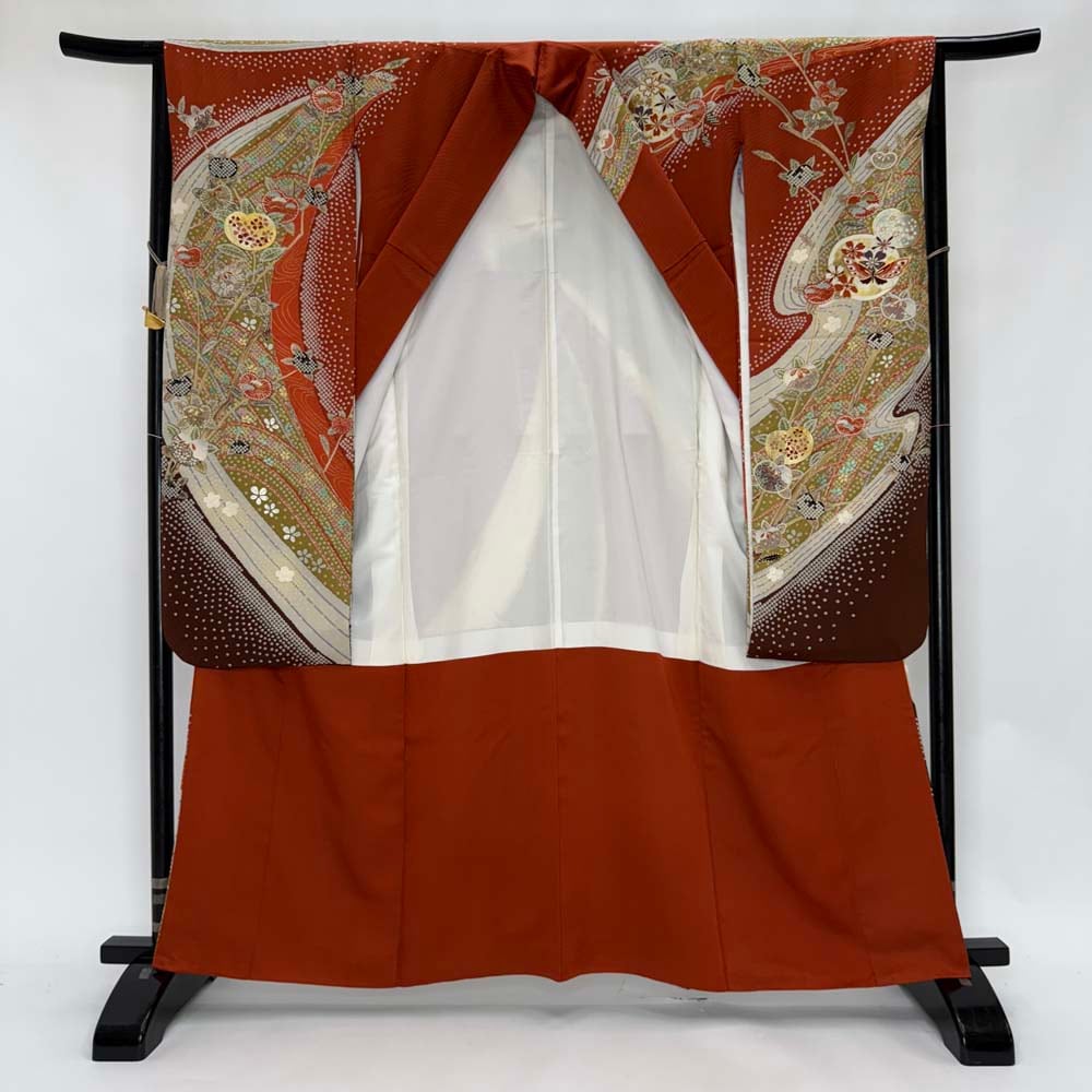 振袖 中古 朱色 大正ロマン 風 正絹 古典 裄66.2cm 身丈162cm 美品 M