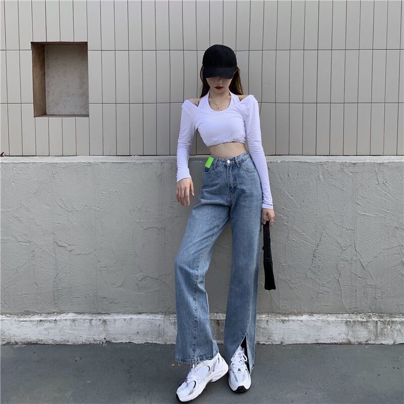 スーパーハイウエストストレートレッグスプリットジーンズレディース秋薄ワイドレッグルーズパンツ2020新作スリムパンツ ブラックストロベリース49778478908