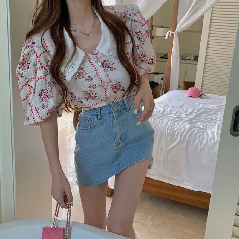 スタンダードフローラルシャツ サマーショートレーススリーブ レトロ 夏物 花柄 ブラックストロベリース16629974593