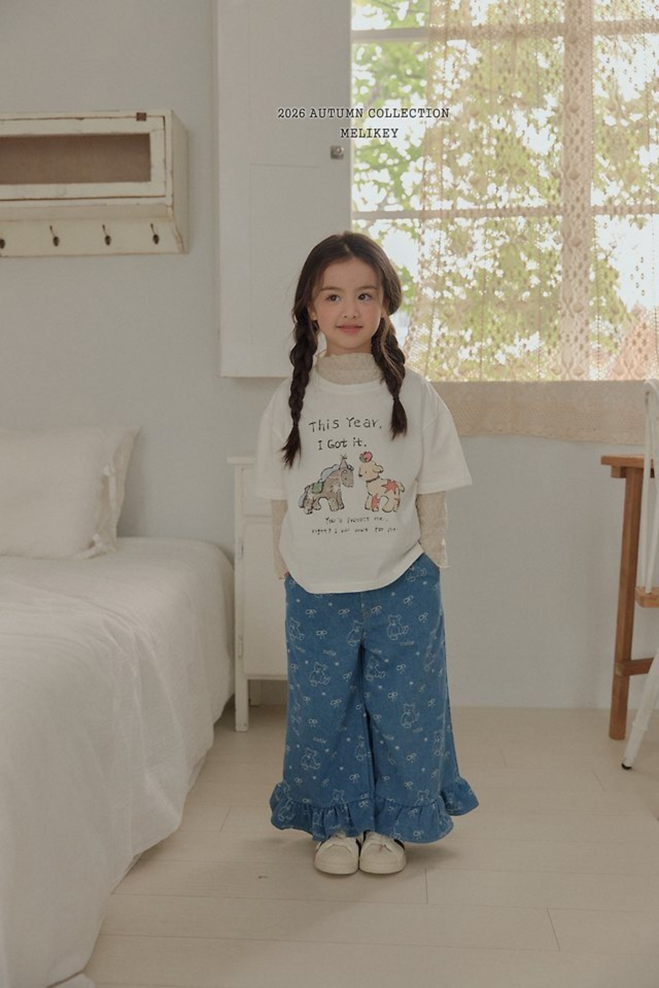 韓国子供服 / 26Autumn / 〖取寄〗Melikey / フリルリボンメッシュTシャツ / 女子服 *XS~JM*