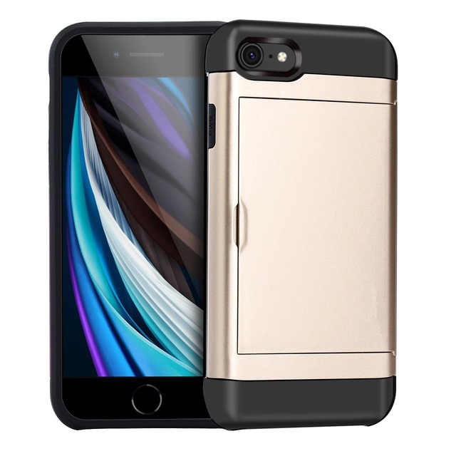 MuZiF iPhone SE3/iPhone SE2/iPhone 7/iPhone 8 用 ケース カード収納 耐衝撃構造 米軍耐衝撃 全面保護 擦り傷防止 PC 背面収納 SE3/SE2/7/8 用 カバー ケース(iPhone SE3/SE2/7/8,きんいろ)