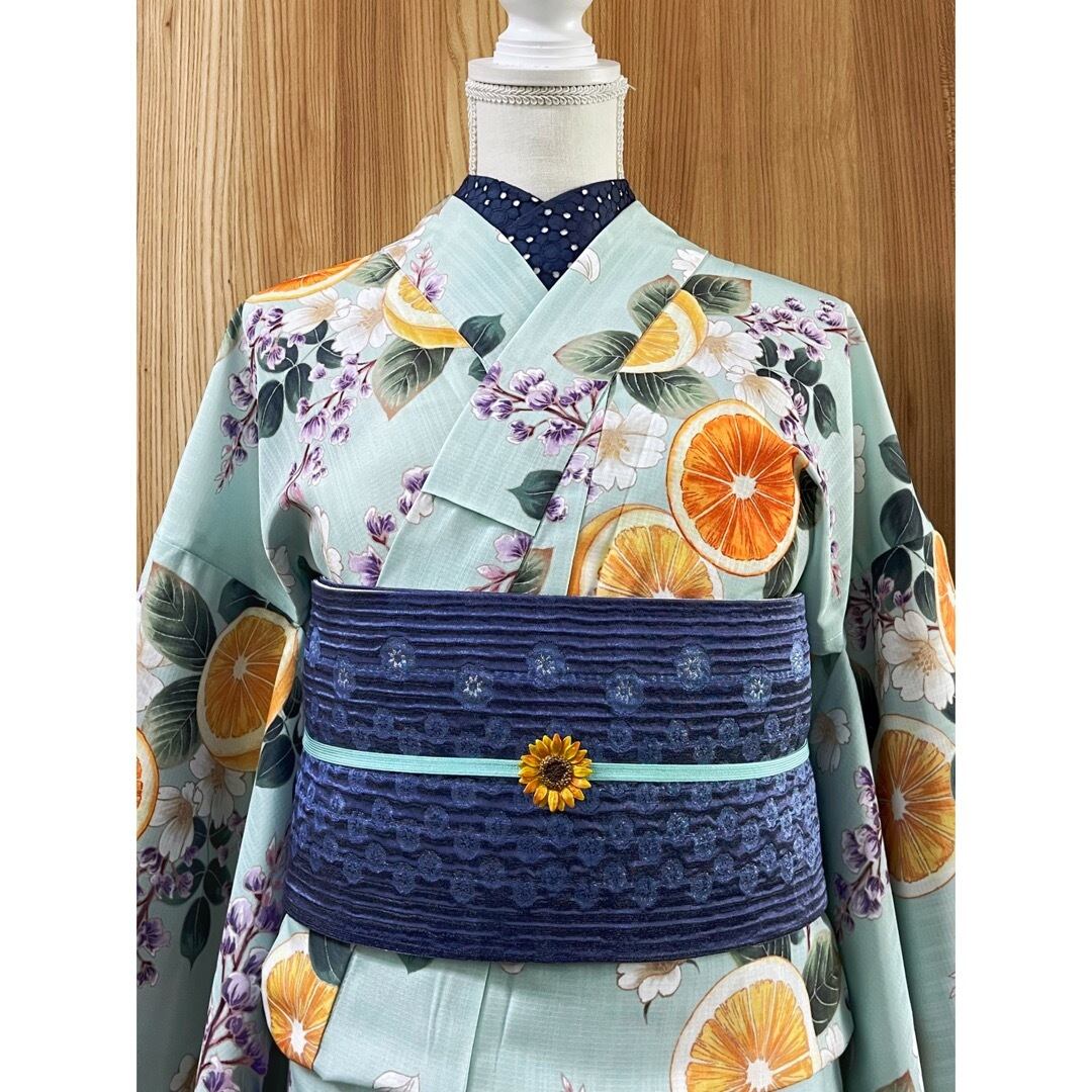 新品】オレンジ×花模様のポリエステル浴衣(ミントブルー) | 今昔きもの楸堂