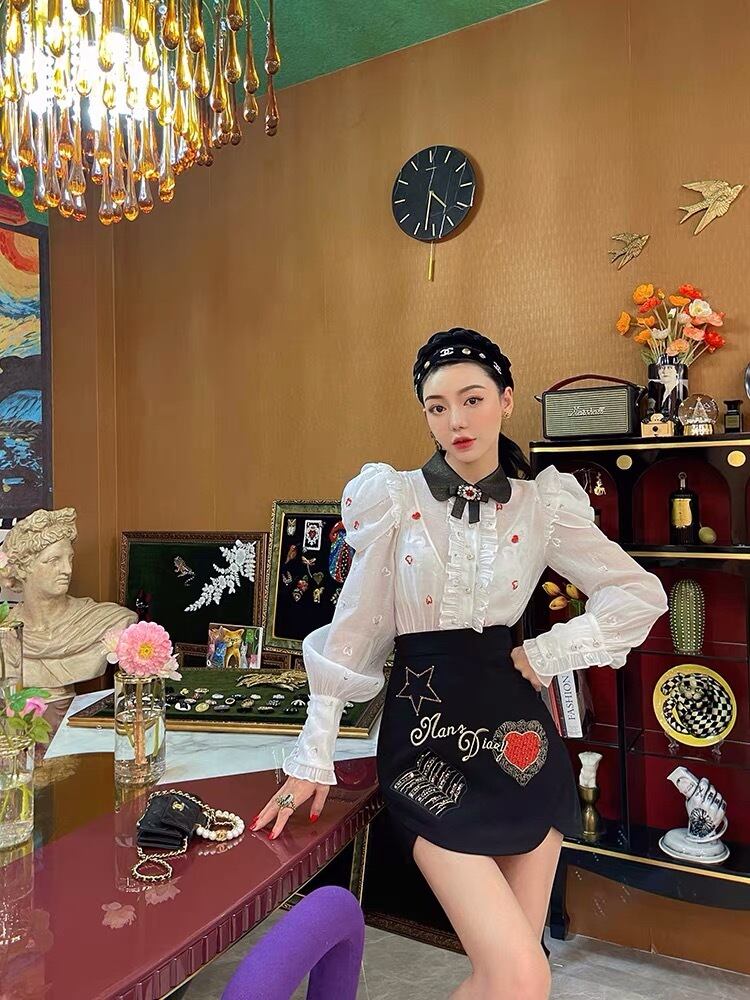 白 ハート アイボリー ブラウス トップス 赤 リボン 襟 | LOVEYsmileSHOP