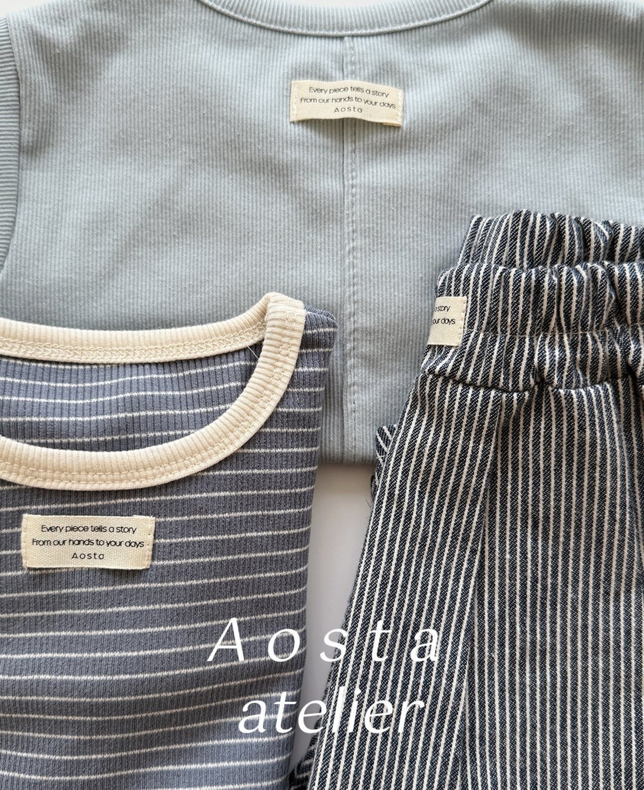 【Aosta】MomentボーダーリブTシャツ くすみブルー 70~90cm - 3