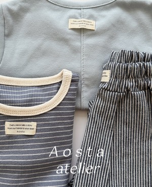 【Aosta】MomentボーダーリブTシャツ くすみブルー 70~90cm