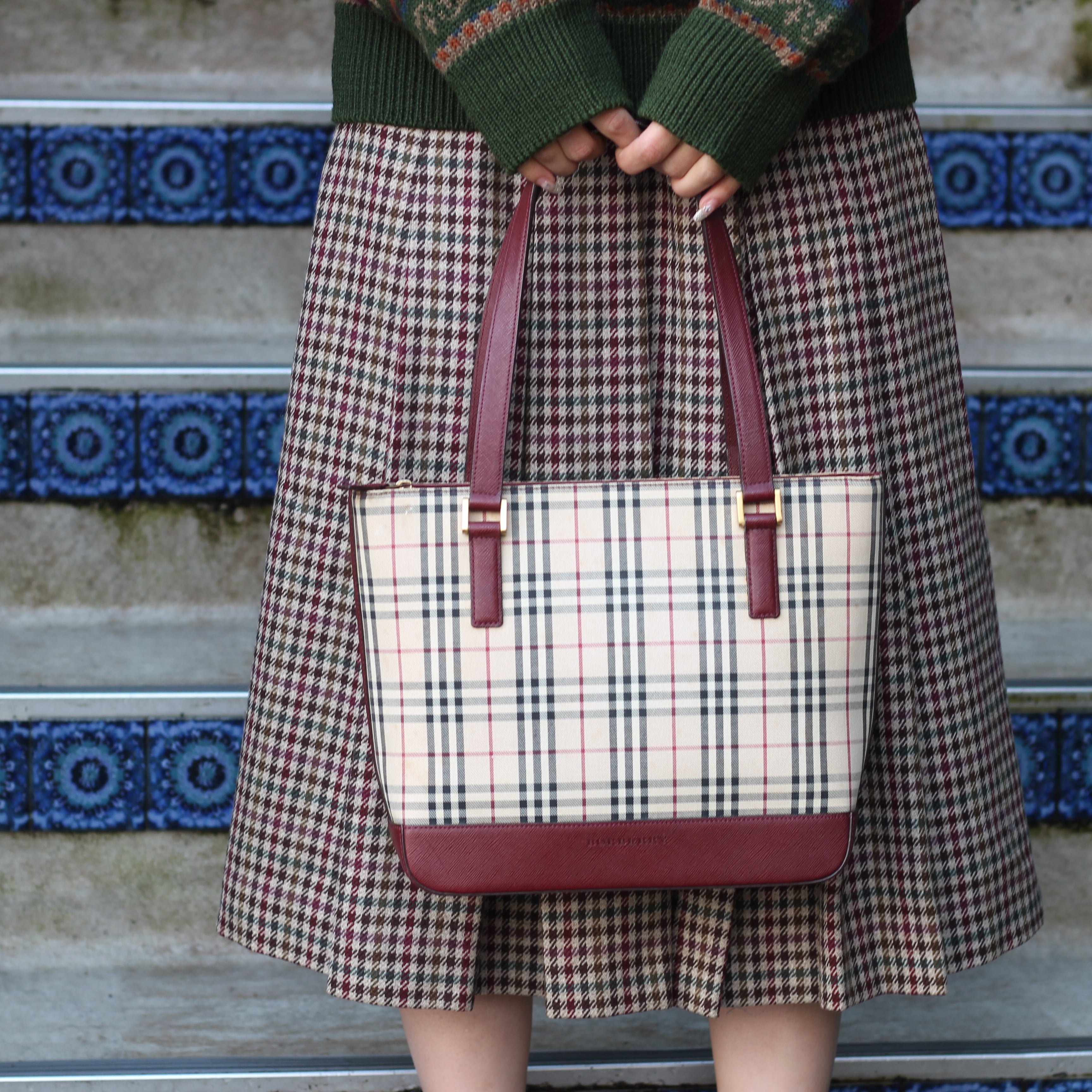 BURBERRY CHECK PATTERNED LOGO COTTON LEATHER TOTE BAG/バーバリー