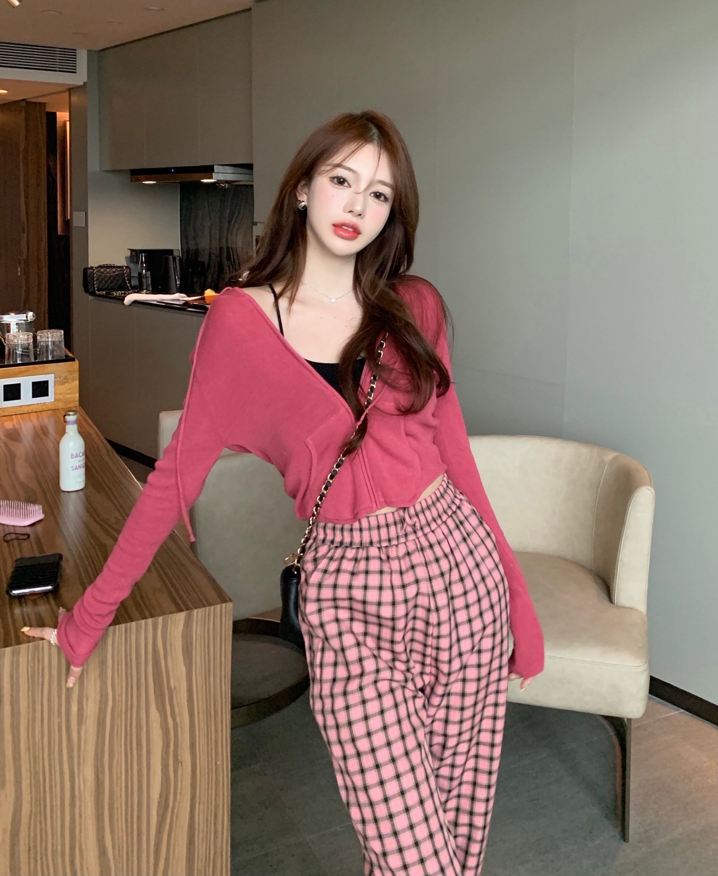 ブラックフードカーディガンスリム薄手ニット長袖スリーブサマースタイル格子柄ギャザー ショート ロング 夏物 ブラックストロベリース28367466333