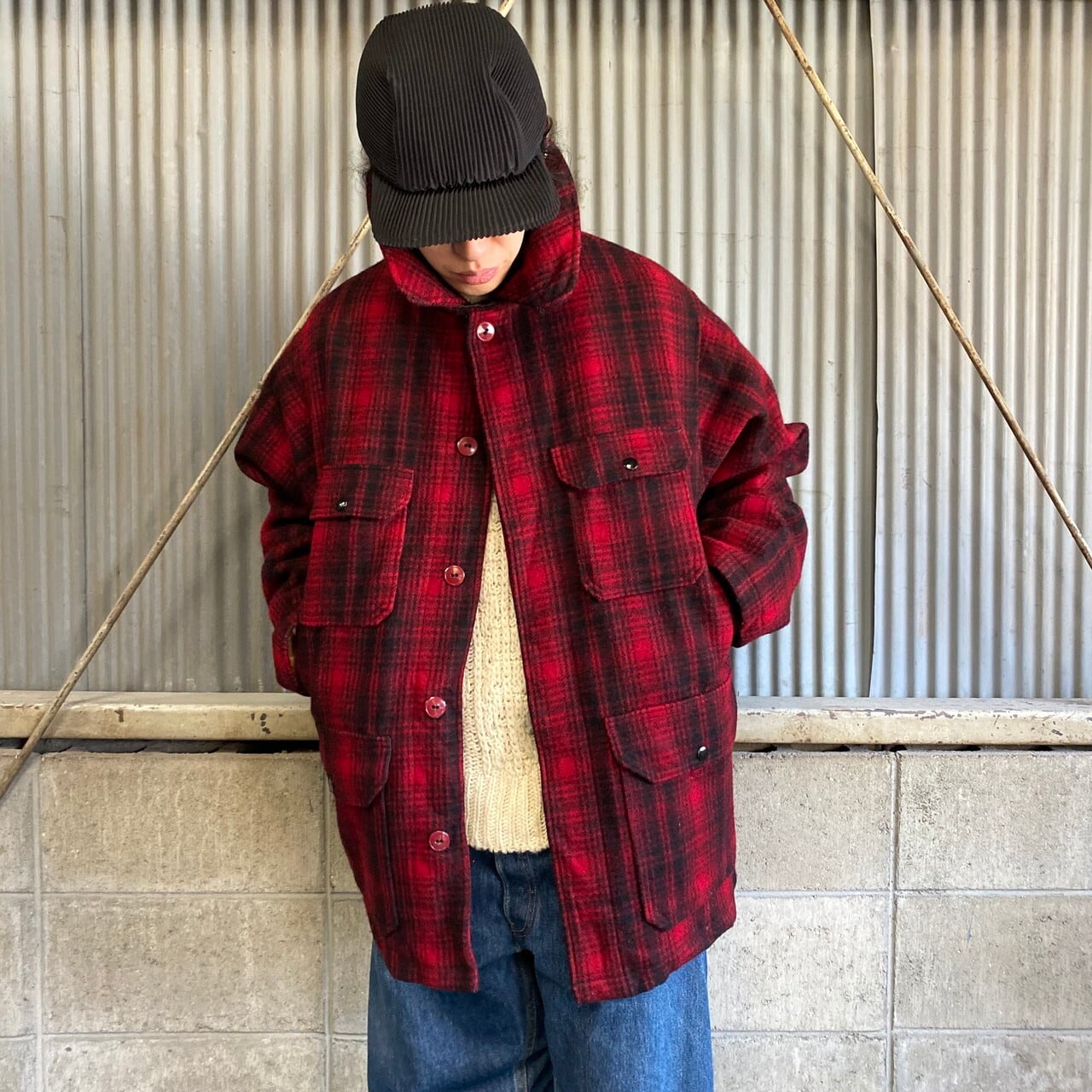 80年代 ウールリッチ ダブルマッキーノ ウールハンティングジャケット メンズXL 古着 80s WOOLRICH ビンテージ ヴィンテージ  ブラック×レッド 黒×赤【ブルゾン・ジャケット】 | cave 古着屋【公式】古着通販サイト