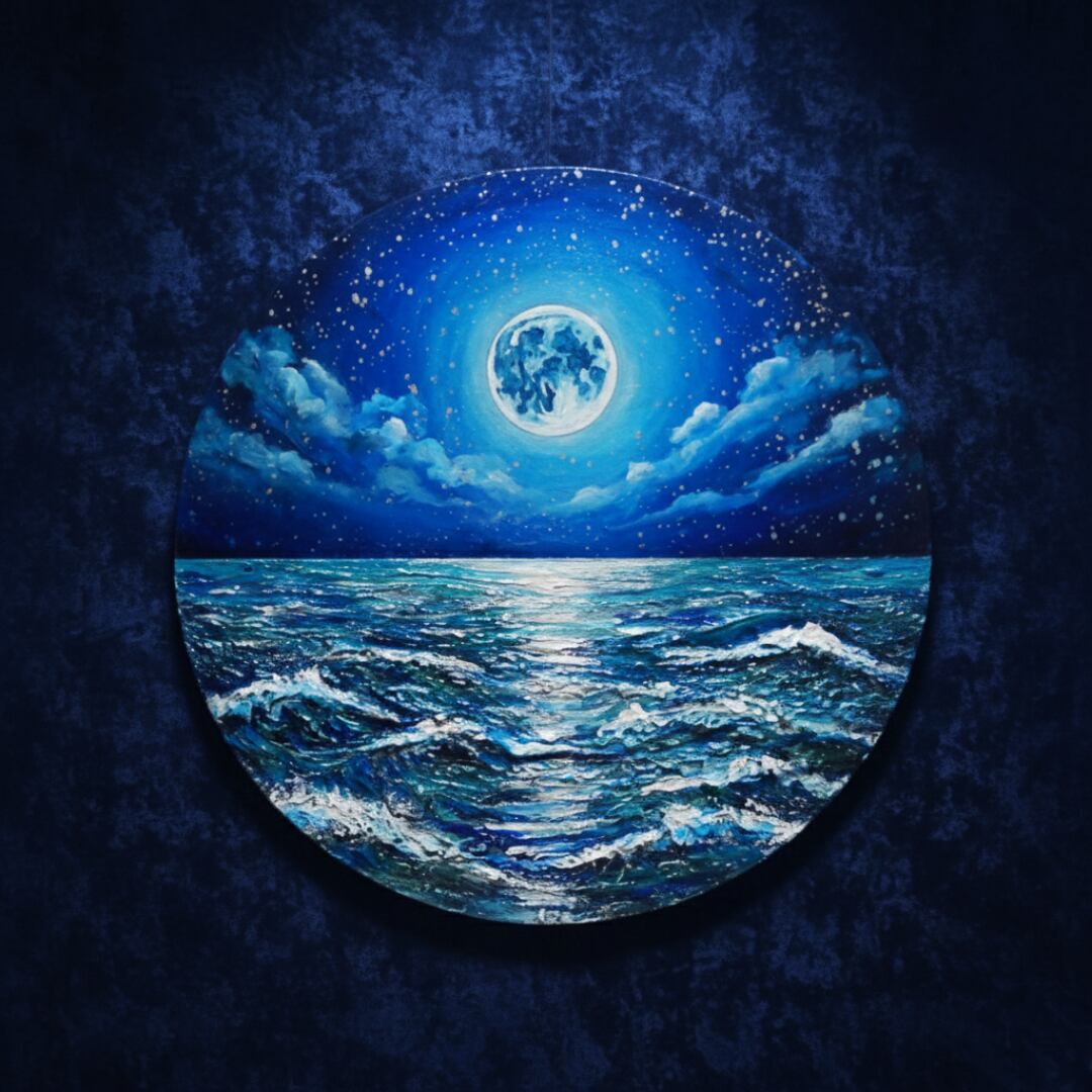 油絵】心を落ち着かせる海景画 丸形「青い満月と輝く海」油彩画