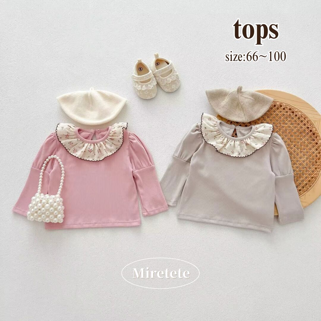 【取寄】花柄フリルカラーのクラシカルリブトップス