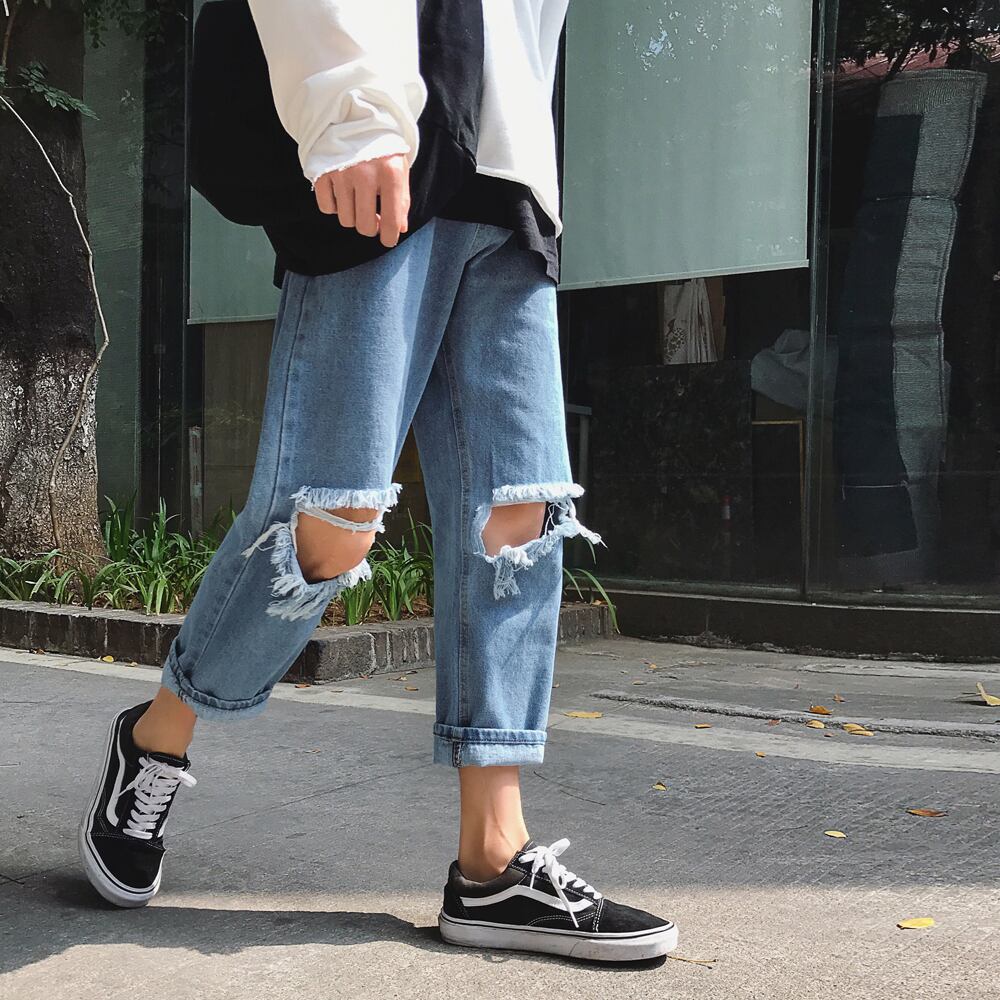 全2色 デニム パンツ ストレート カジュアル ダメージ 無地