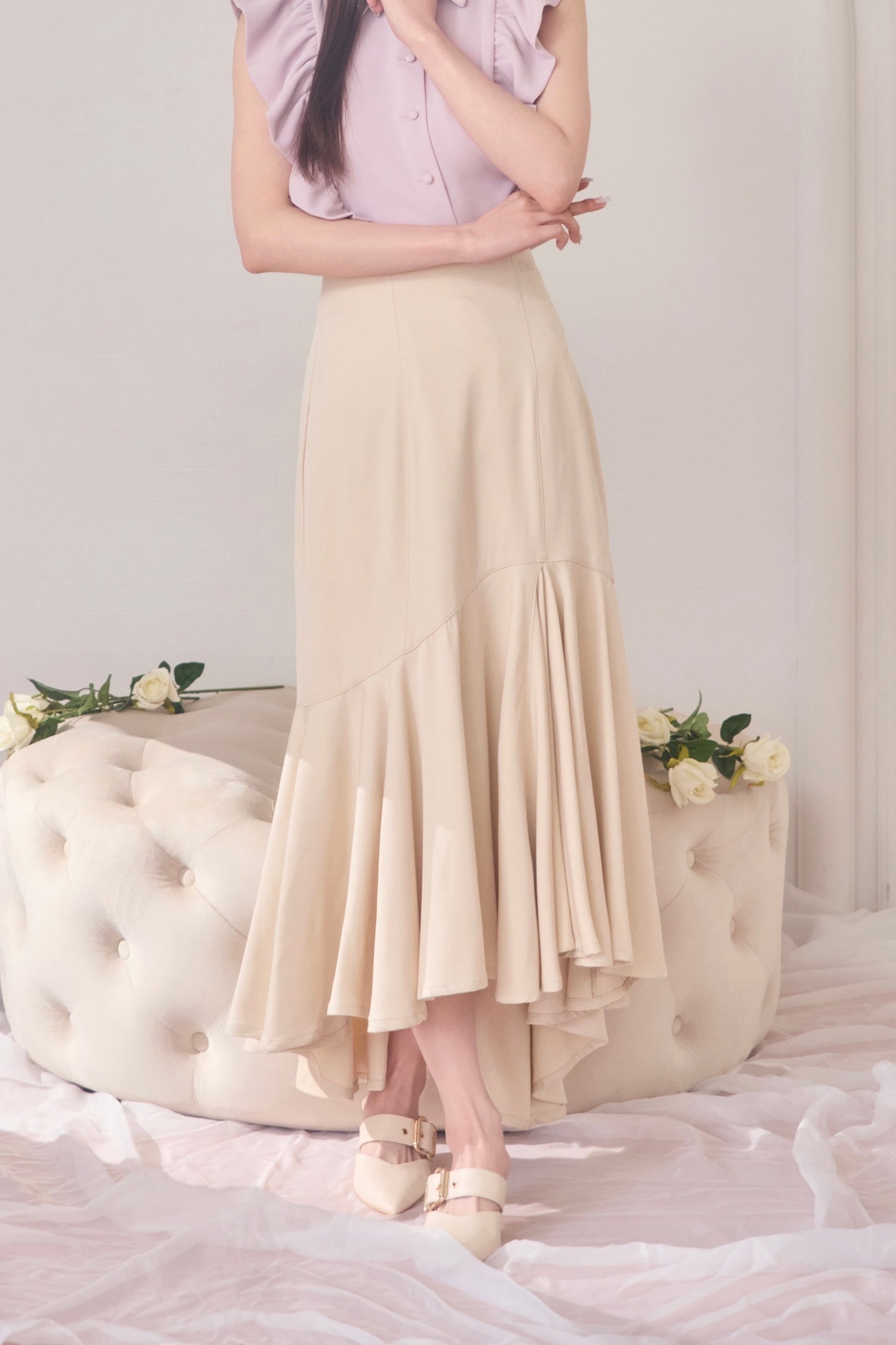 asymmetry ruffle mermaid skirt(ivory)