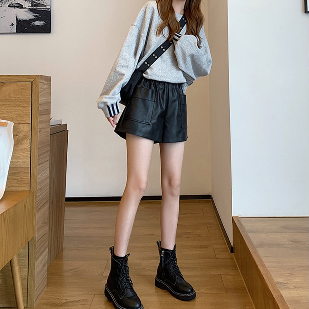 ショートパンツ PUレザー レディース 春秋 韓国 おしゃれ きれいめ ストリート カジュアル 大人 ウエストゴム ブラック 黒 レザーパンツ 大人可愛い 大人女子