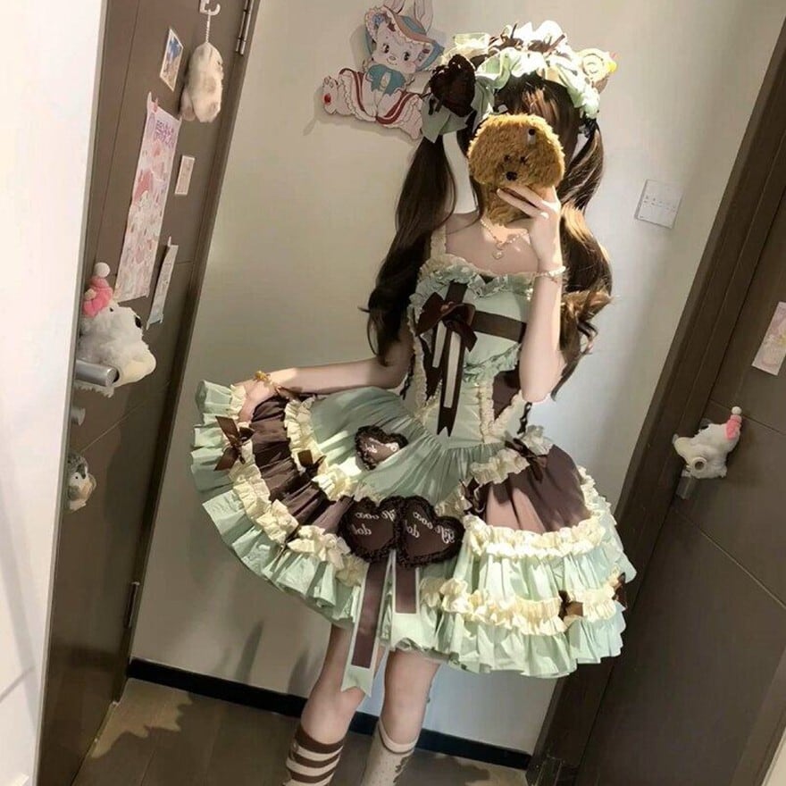 ミントチョコレート セットアップ プリンセスドレス 姫袖 ヘッドドレス