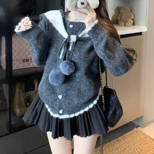 2色／ポンポンショールハートボタンニットカーデ ・74057