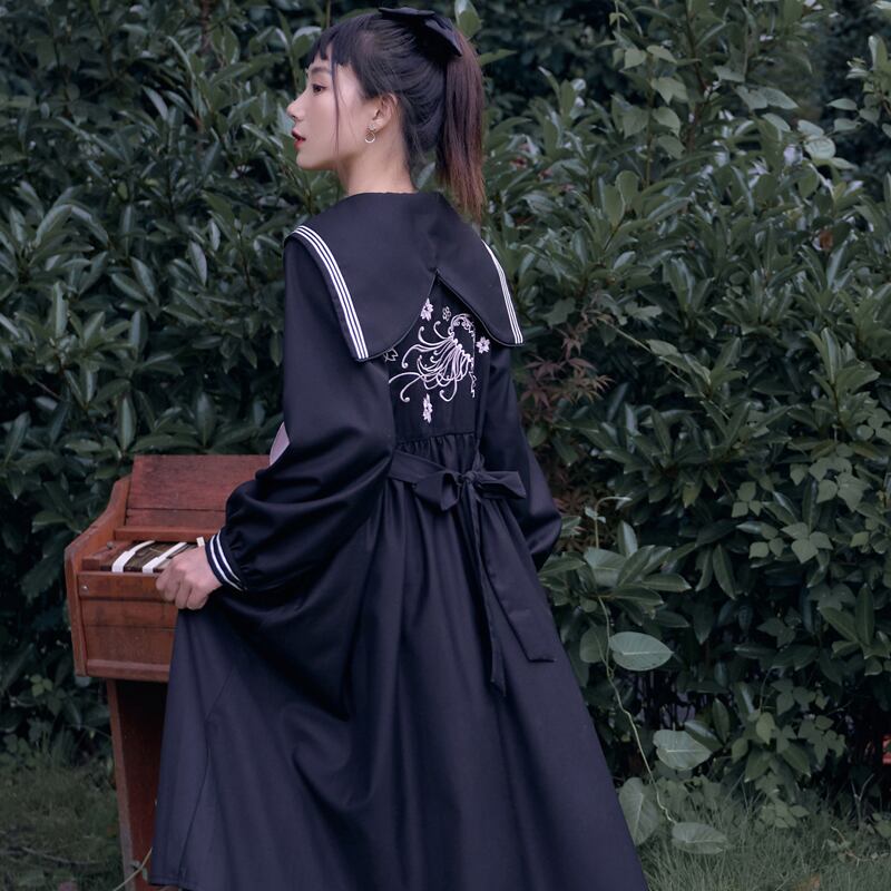 花崎鹿シリーズ ワンピース 刺繍 セーラー服 オリジナル 学園祭 ロング丈 気質アップ ブラック 黒い S M Elegant