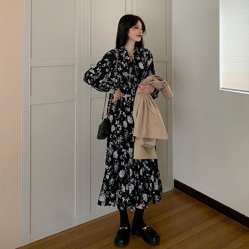 スタンダードロングドレス スプリングスタイルフローラルスカート レトロ 春物 花柄 スーパーモール65977204942