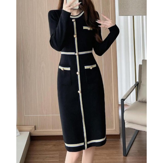 ボタンフロント ミモレ丈 ニット ワンピース　YH9857