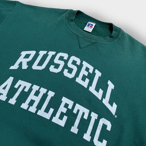 【RUSSELL ATHLETIC】90s USA製 スウェットシャツ トレーナー アーチロゴ 2段プリント 肉厚 太アーム ディープグリーン SWEATSHIRTS L ラッセル ヴィンテージ US古着