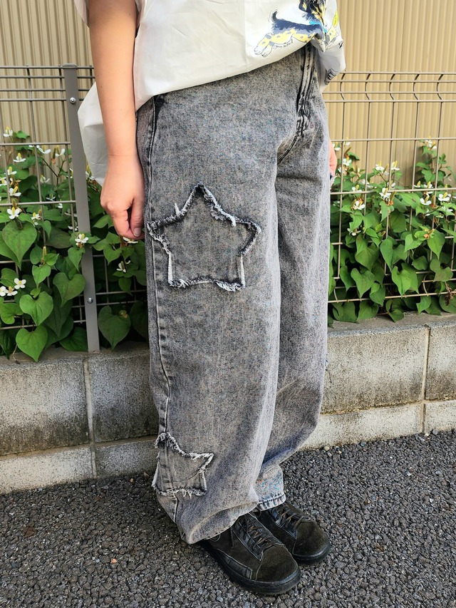 BELVET メンズ デニム ハーフパンツ ブラック 星刺繍 星パッチワーク 
