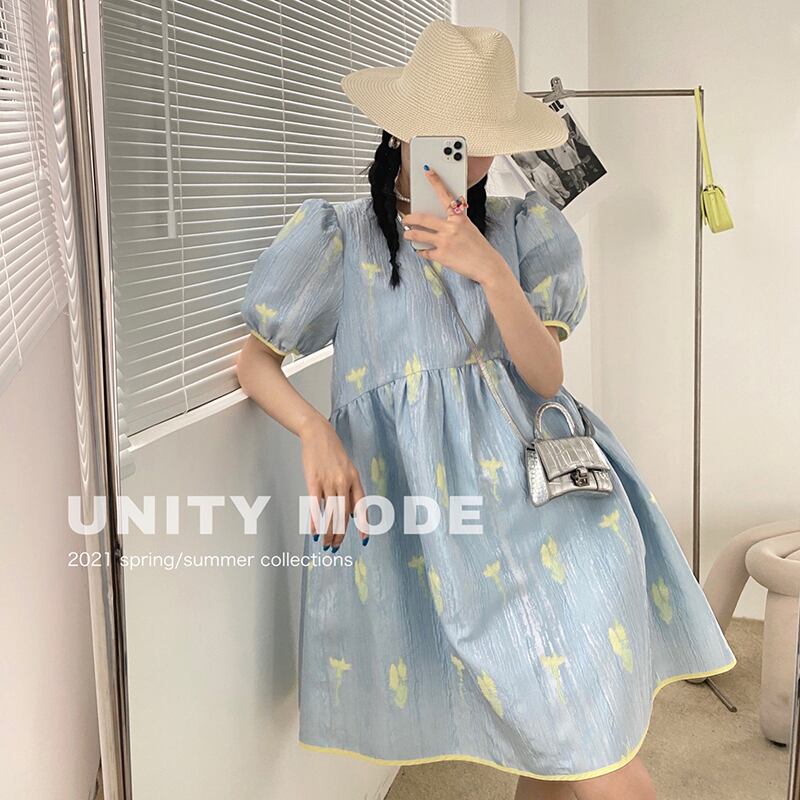 プリーツカラーショートドレス サマースタイルルーズハイウェストウェストAラインスカート 夏物 ビッグFスモールZ韓国53995363081