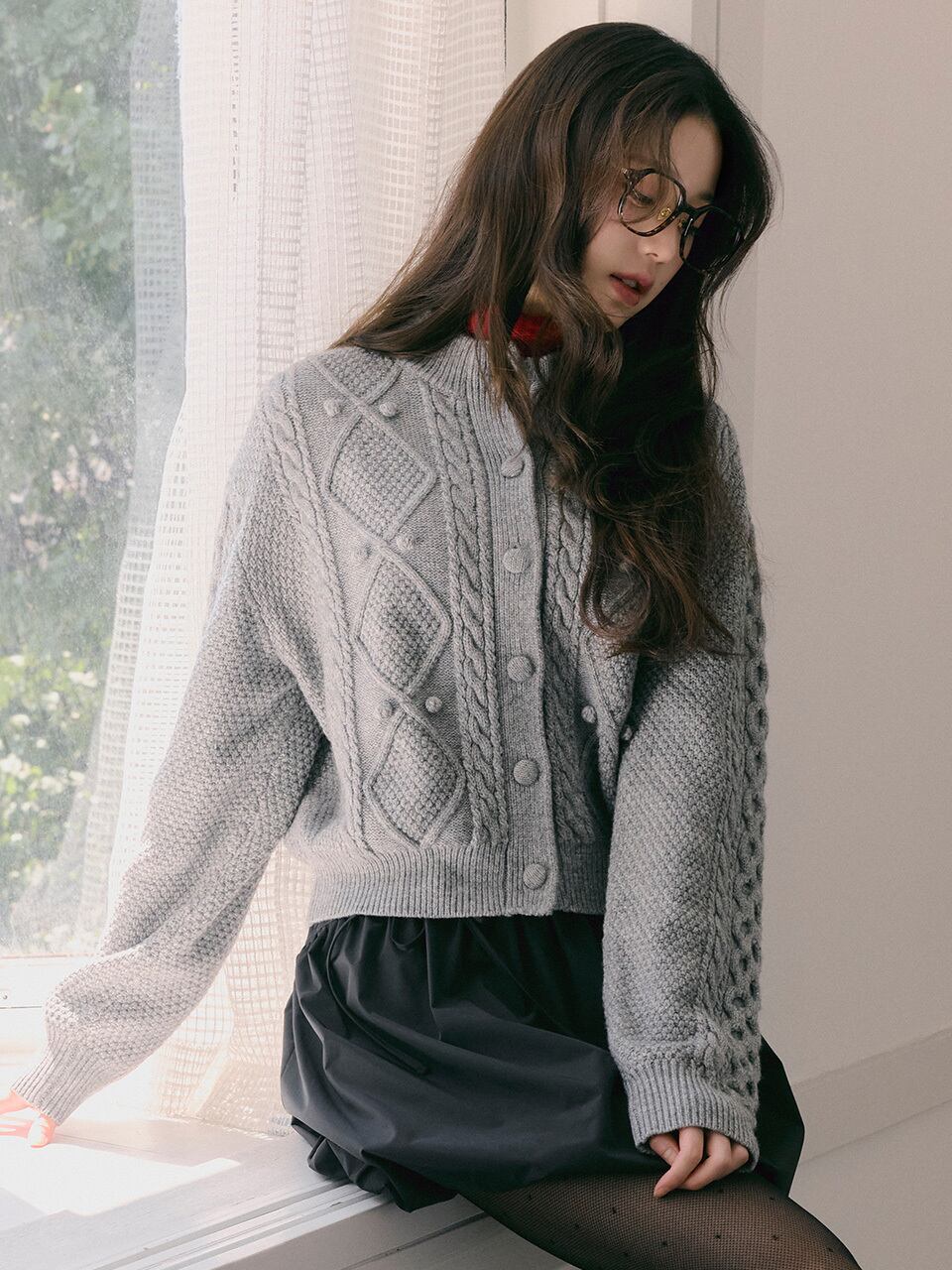 ROLAROLA] WOOL BUTTON CABLE CARDIGAN GRAY 正規品 韓国ブランド 韓国