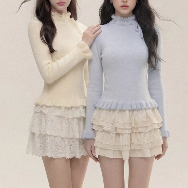 long sleeve frilled hem cropped knit m1744