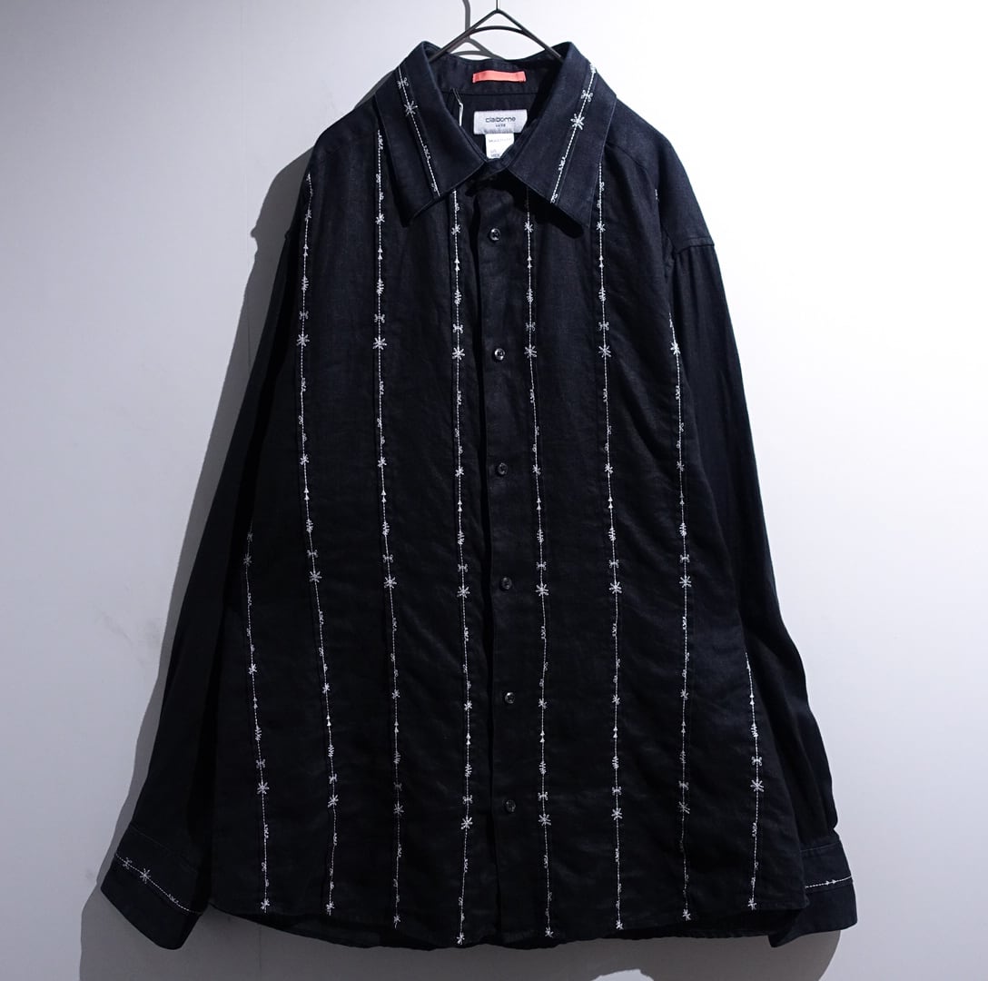 "Claborne" Black Embroidered Desgin Linen Shirt