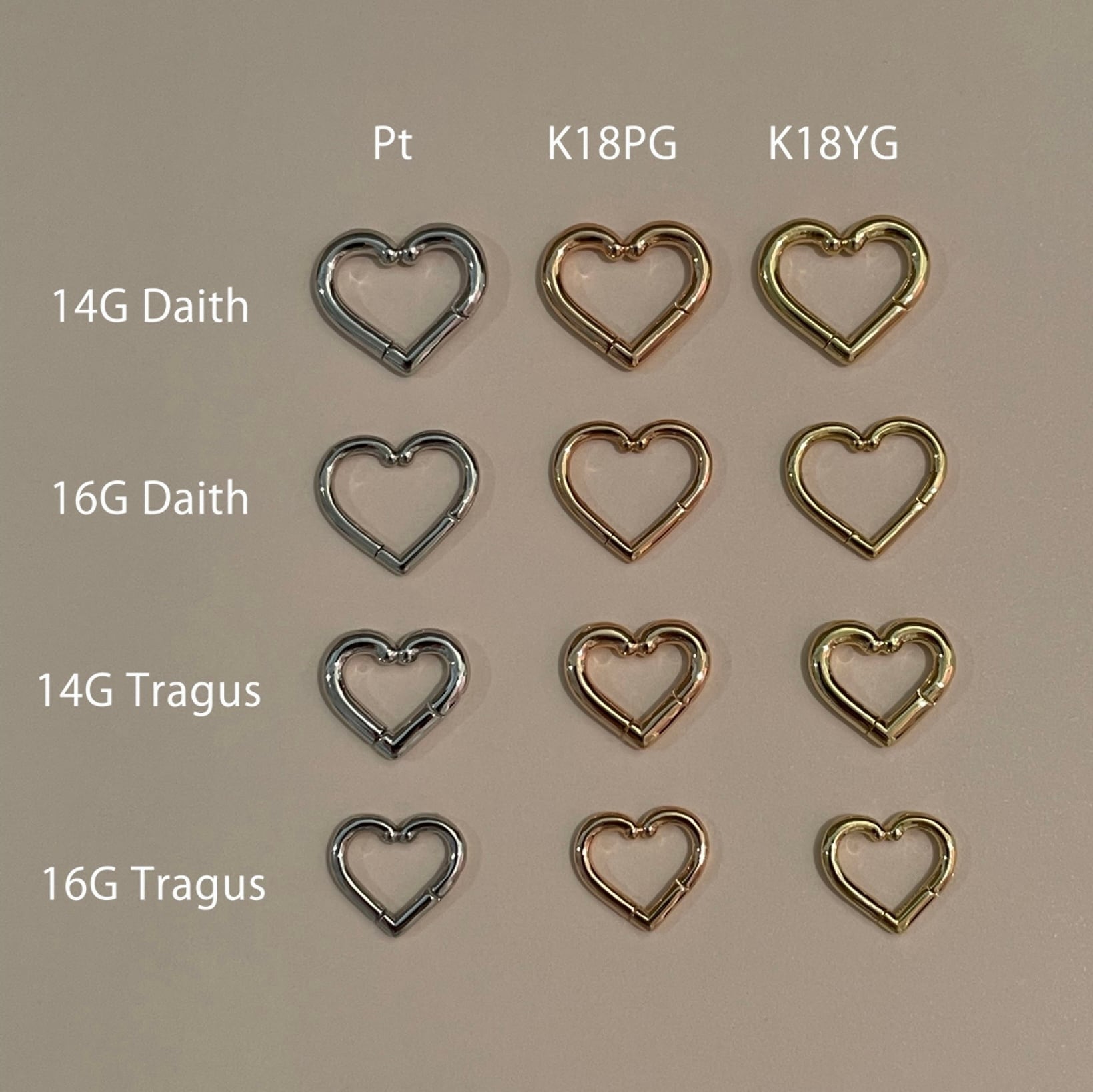 Heart Daith body jewelry clicker 16G #LJ22035P K18YG K18PG Pt900