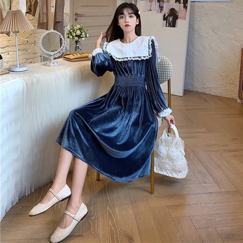 ✞ スタンダードカラーレースネイビー★長袖スリーブベルベット ロング レトロ ✞ゴスロリ SM ミリ 甘ロリ クラロリ 和ロリ エレガント 黒ロリ 姫ロリ 華ロリ BB-BB81900686958