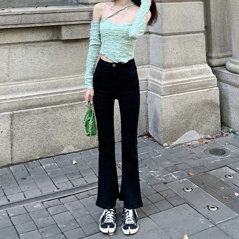 ブラックパンツ スプリングオータムハイウェストウェスト レッド 春物 秋物 試着室5412452114