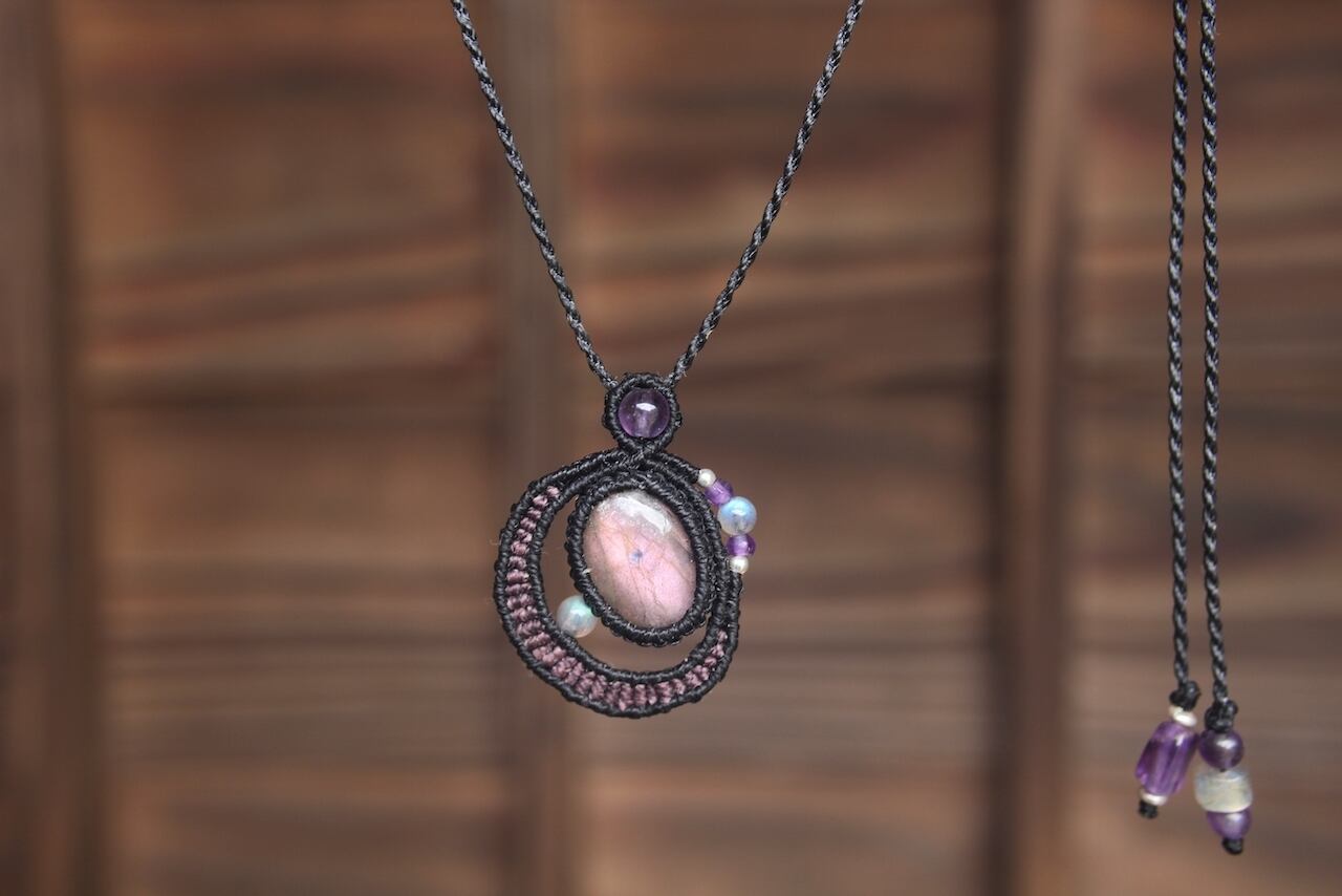 Purple Labradorite micro macrame moon pendant