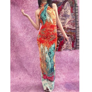 abstract watercolor print halter dress edgy vacation style maxi dress＜ts1655＞