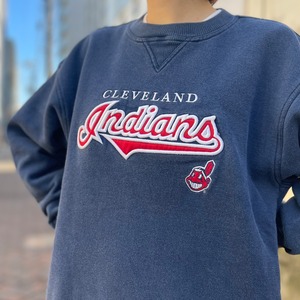 『M』Cleveland Indians インディアンス MLB プリントスウェット スウェット 刺繍 ネイビー 古着 古着屋 高円寺 ビンテージ
