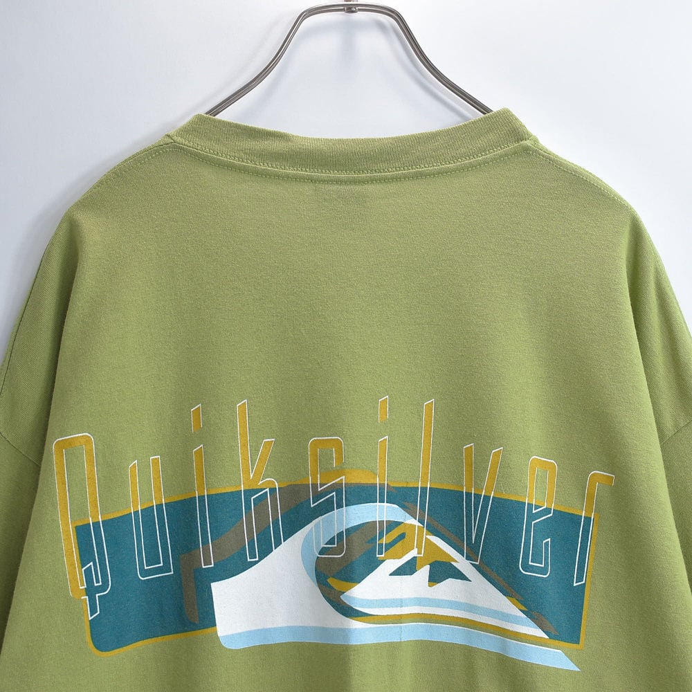 90s USA製 Quiksilver クイックシルバー 半袖 Tシャツ デカロゴ バックプリント サーフ スケート ストリート オリーブ ヴィンテージ ビンテージ アメリカ古着 メンズXLサイズ