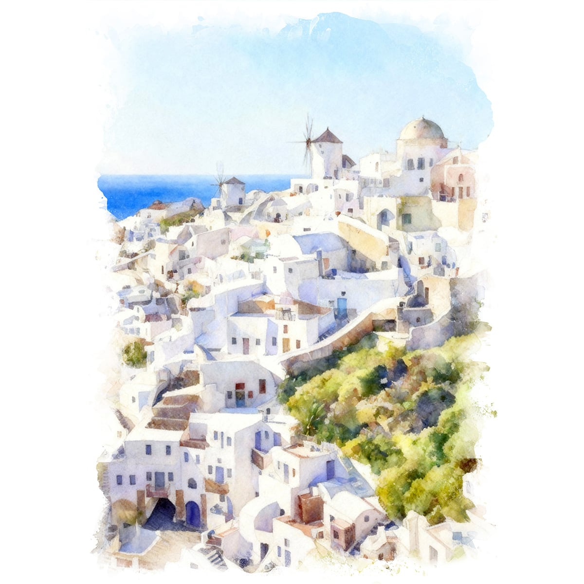 絵画 風景画 ギリシャ サントリーニ島 インテリアアート額付き 水彩画風 WAT1662