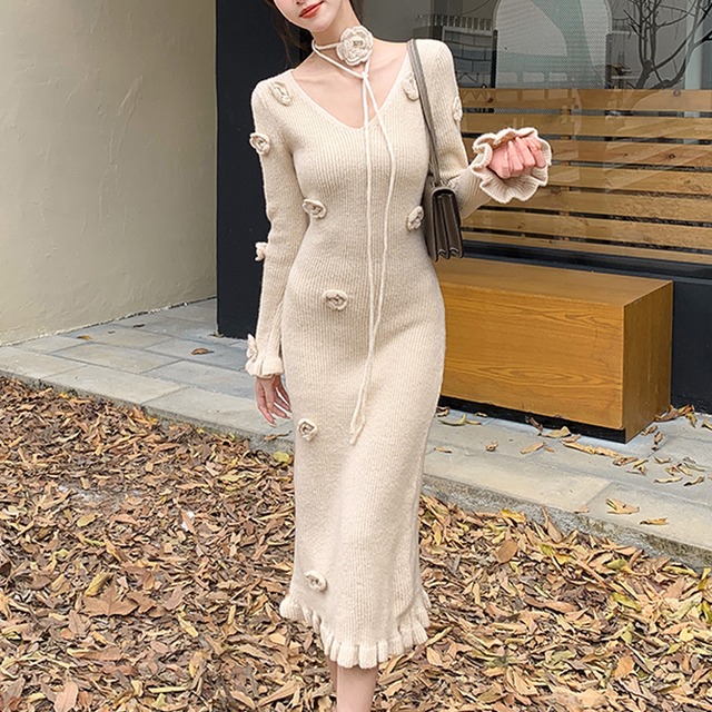 【CHERRYシリーズ】ワンピース ニット 気質溢れる 立体フラワーデザイン ダークベージュ S M L