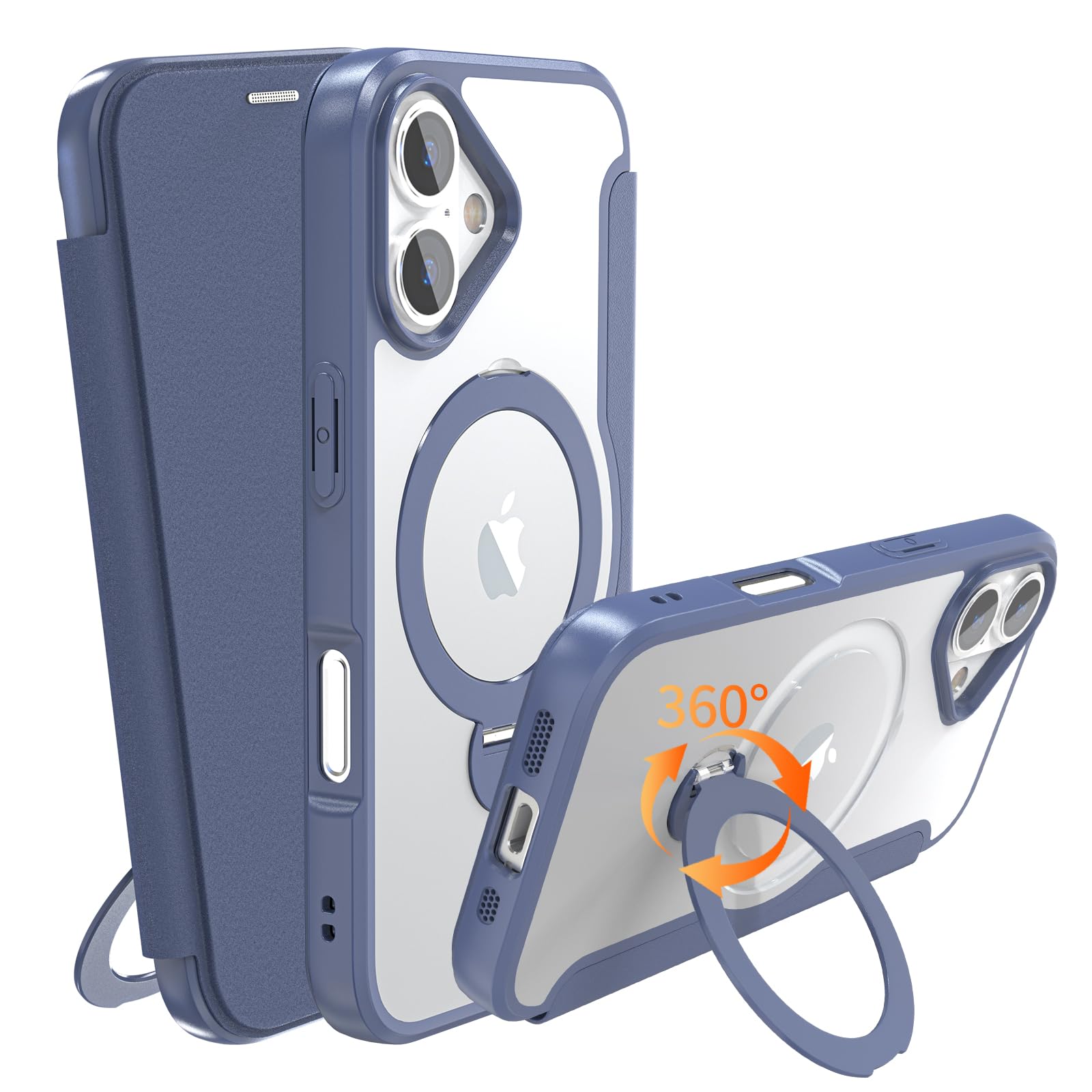 IIKAYO iPhone 17 用 ケース 手帳型 カード収納 背面クリア MagSafe対応 リング付き 360°回転スタンド軽い 薄型 耐衝撃 全面保護 縦横両対応 レザー素材 マグセーフ対応 おしゃれ 青
