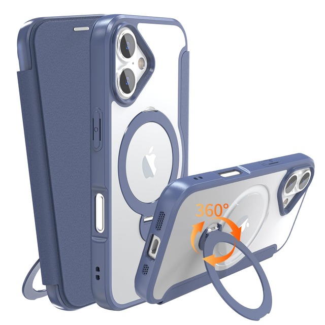 IIKAYO iPhone 17 用 ケース 手帳型 カード収納 背面クリア MagSafe対応 リング付き 360°回転スタンド軽い 薄型 耐衝撃 全面保護 縦横両対応 レザー素材 マグセーフ対応 おしゃれ 青