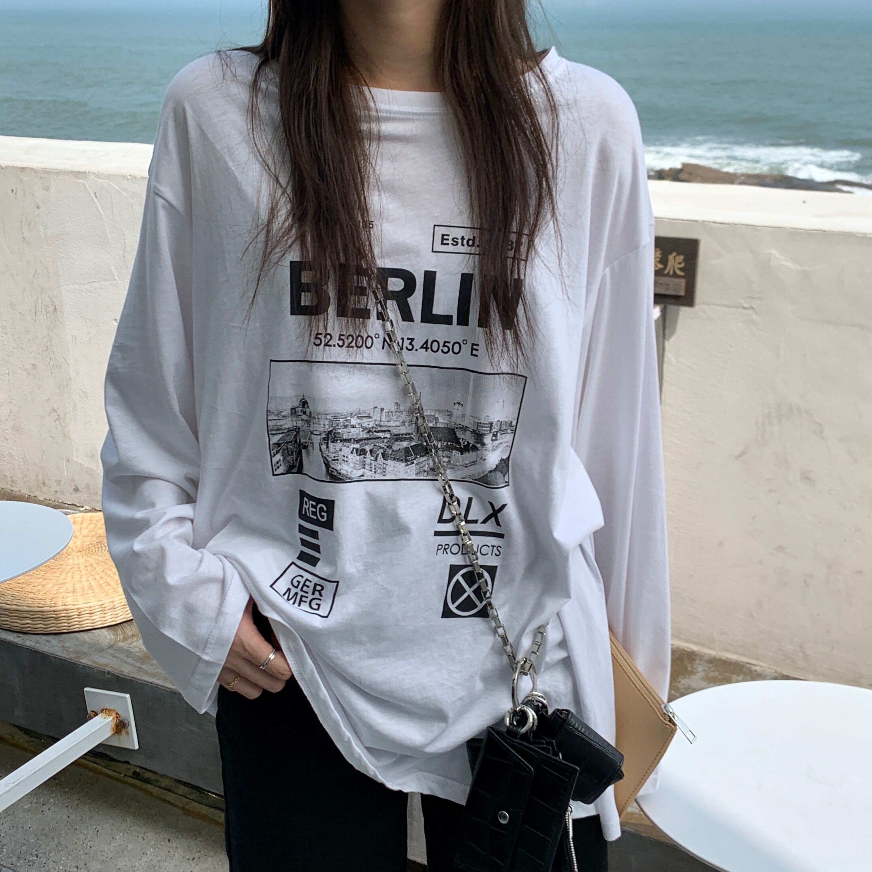 ラウンドネックレタープリント長袖Tシャツレディース2020年初秋新入生ルーズミドル丈カジュアルトップス クレセントシティ26059276033