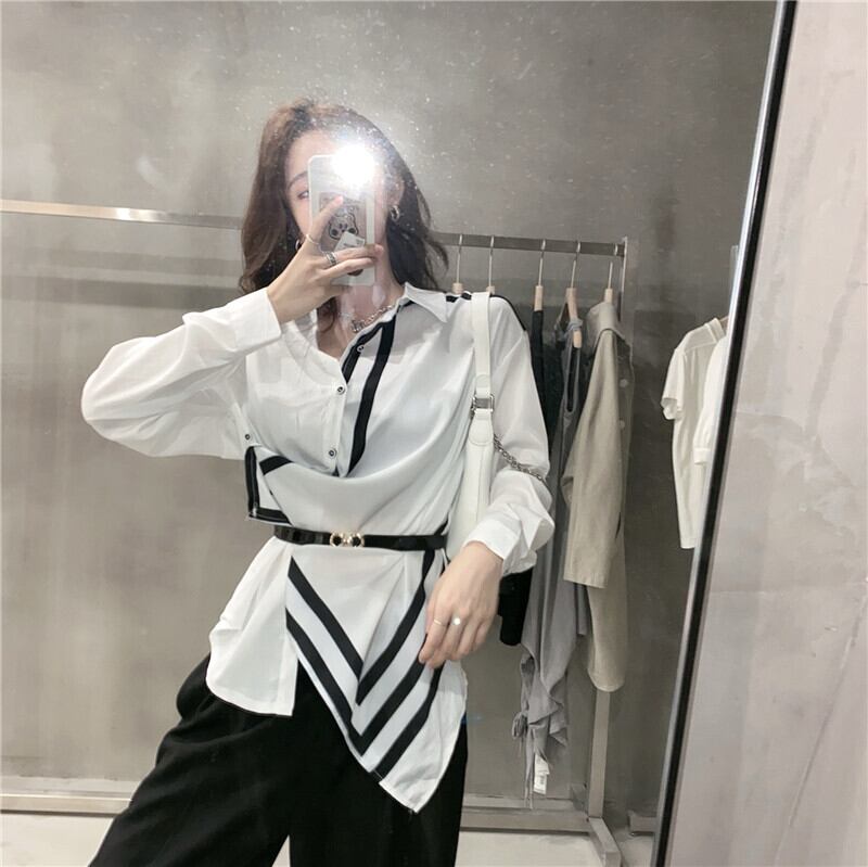 ベルト付きの不規則なストライプの白いシャツ、女性の秋のルーズな長袖シャツジャケットデザインのニッチトップ ブラックストロベリース21172733606