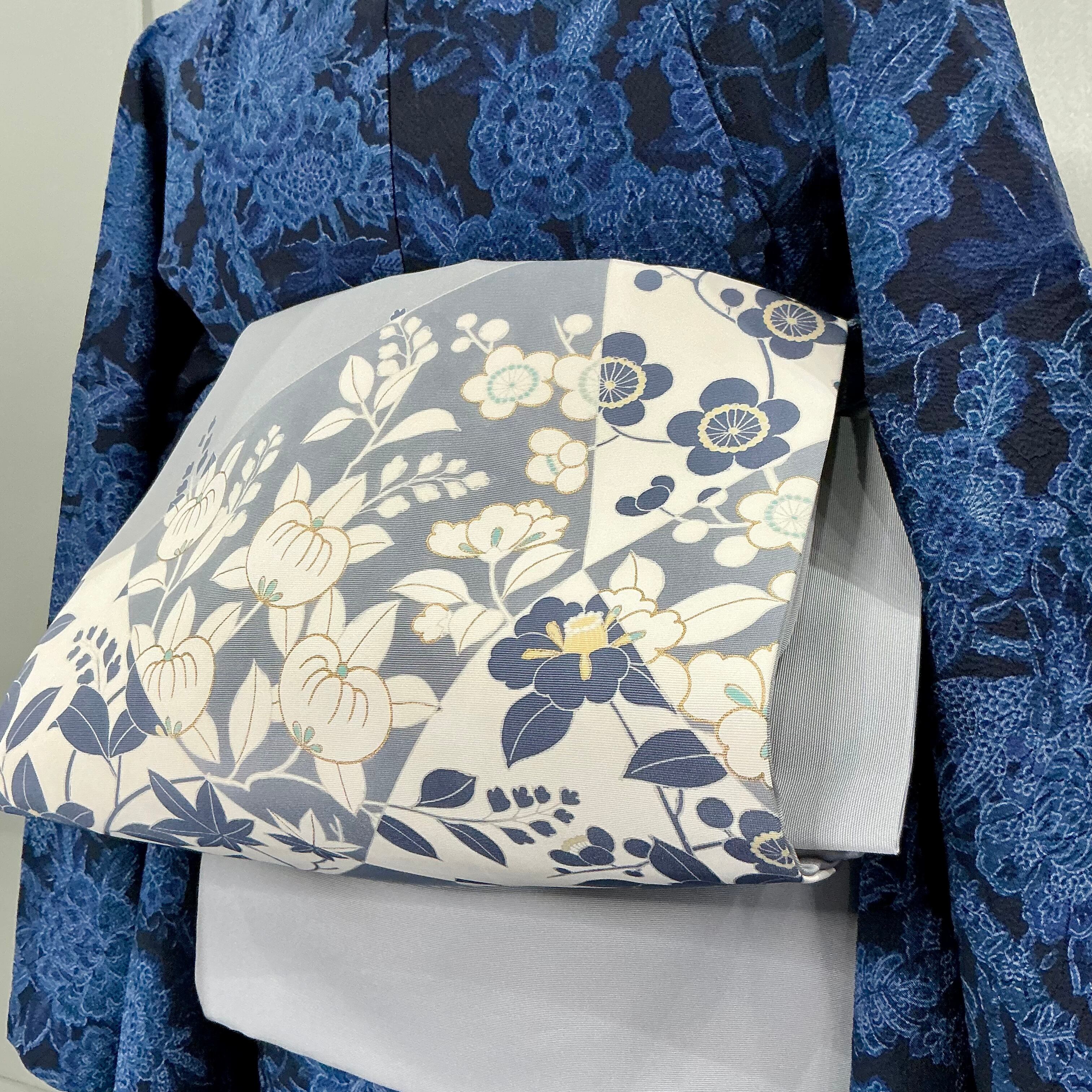 月影の文＊染め帯 橘 椿 紅葉 塩瀬帯 名古屋帯 B293 | kimono tento