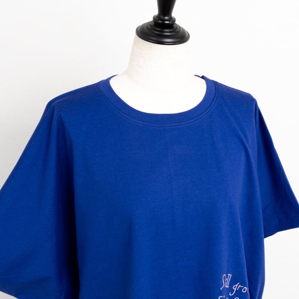 QTUME／クチューム】ドルマンスリーブ手書き風刺繍ロゴTシャツ（ブルー